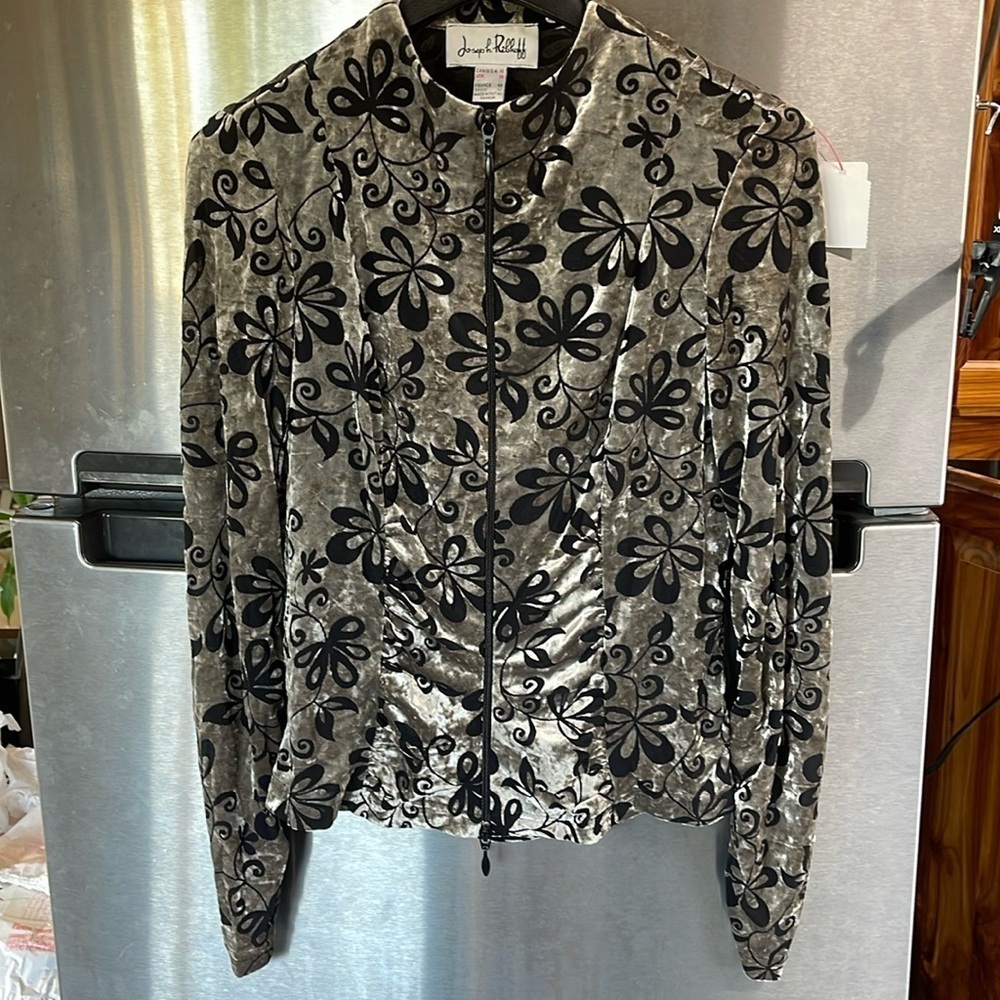 Velvet Burnout Joseph Ribkoff Women's Floral Zip-Up Jacket Sz 10 Black‎ & Silver
